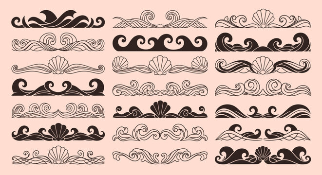 Oceanic Wave and Seashell Decorative Borders and Dividers Set.
