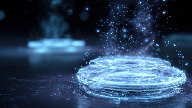 Glowing blue energy portals with swirling particles and light trails abstract