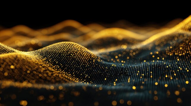 Abstract glowing golden particles forming waves against a dark background