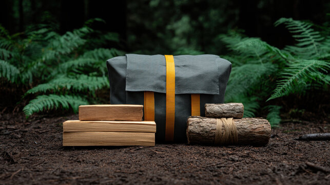 Sustainable fire making kit for trekking with wood logs and compact bag placed on forest ground surrounded by green ferns
