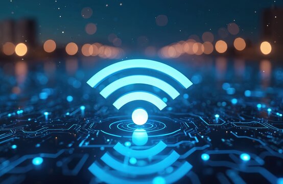 Glowing WiFi symbol radiates from a circuit board pattern against a blurred cityscape at night. Digital connectivity and network signal are highlighted, representing internet access and data flow.