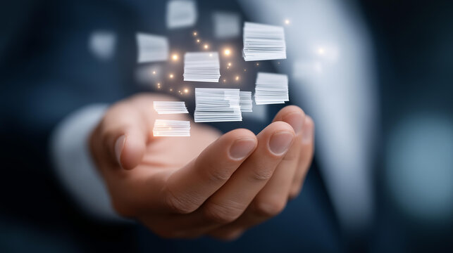 AI futuristic document management interface defocused virtual screen, faceless digital concept, electronic visualization detail, blurred automation background, paperless concept, D - Powered by Adobe