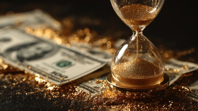 Hourglass with flowing golden sand sits on US dollar bills scattered with sparkling gold glitter - Powered by Adobe