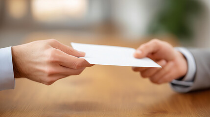 Two individuals exchanging documents across defocused wooden desk, faceless business transaction, handover visualization detail, blurred discussion background, important concept, e
