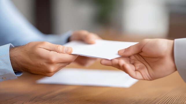 Two individuals exchanging documents across defocused wooden desk, faceless business transaction, handover visualization detail, blurred discussion background, important concept, e
