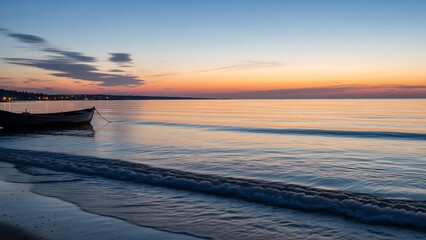 Serene Beach Sunset with Boat and Calm Waters.