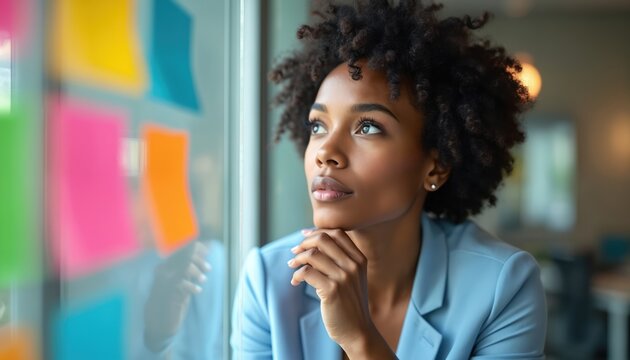 Thoughtful black woman brainstorms using sticky notes on glass wall in office. Pensive african businesswoman plans creative project, business strategy. Female employee thinks about new ideas, company