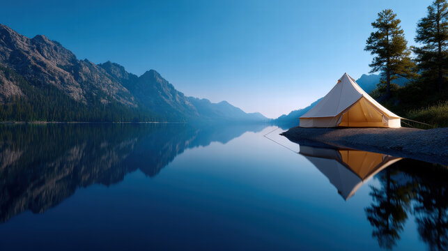 Tent setup for glamping by calm lake reflects peaceful mountain landscape under clear blue sky