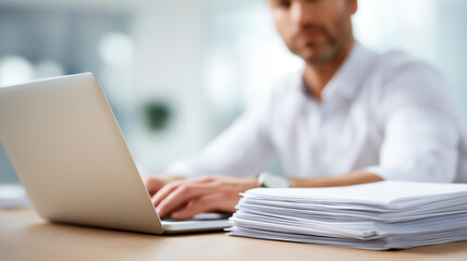 Laptop reading and documents with defocused business man, faceless office research, payroll visualization detail, blurred report background, planning concept, accounting interface,