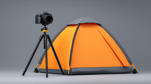 Orange tent setup for photography with camera on tripod isolated on gray background bright and clear