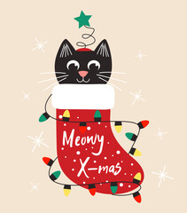 Illustration of a New Year's cat in a sock on a light beige background