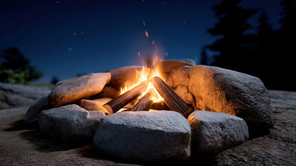 Tiny campfire glowing in wild nature at night surrounded by stones creating warm and peaceful atmosphere