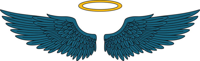 Graphic image featuring a pair of mystical feathered wings and a gold luminous ring, perfect for religious themes, fantasy design, or spiritual branding and logos.