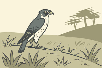 Fototapeta premium Bald Eagle on Grassy Hill with Tree Vector Illustration - Flat Design