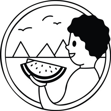 Cartoon vector illustration of a girl in a hat eating cake with a flower