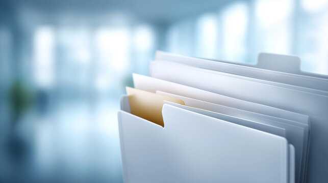 Digital files and folders organized defocused document management, faceless data archiving, organization visualization detail, blurred system background, file concept, storage inte