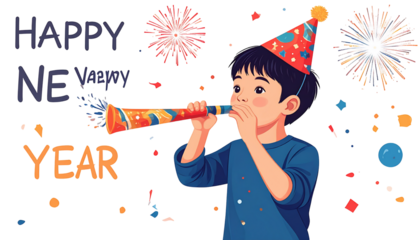 A young boy wearing a party hat blows a noisemaker in celebration of the New Year, amidst fireworks and confetti.