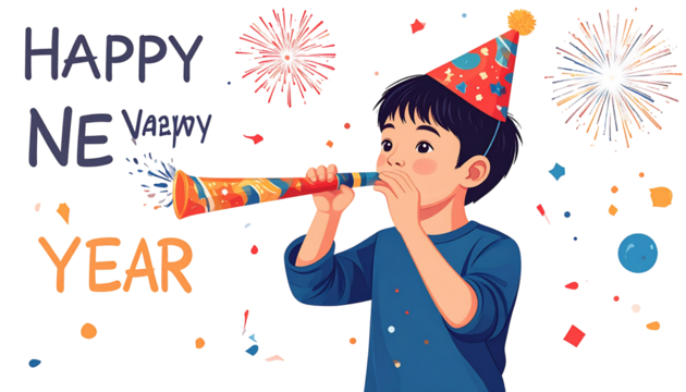 A young boy wearing a party hat blows a noisemaker in celebration of the New Year, amidst fireworks and confetti.