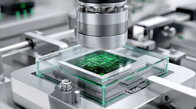 Tools for chip inspection under microscope showing detailed circuit board with green light in laboratory