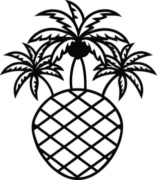Tropical island vector illustration of a pineapple under a palm tree silhouette on the beach for a summer holiday design