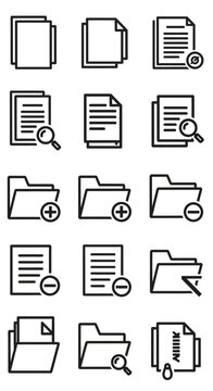 Collection of Black and White Line Art Icons Representing Documents and Folders.