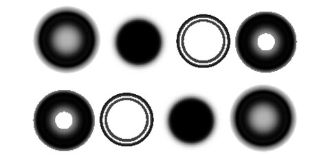 Halftone gradient circles collection. Dots textured round patterns. Cartoon comic radial faded background set. Abstract pixelated elements for frame, poster, collage, banner, flyer. Vector bundle