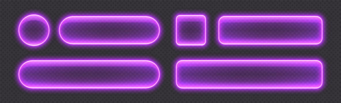 Glossy neon buttons, transparent banners made from glass, purple glowing frames. Futuristic design element. Vector illustration.