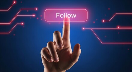 A hand poised to press a glowing pink follow button, set against a backdrop of intricate blue circuit patterns, embodies the essence of social media engagement and the interconnectedness of the digita
