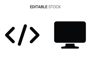 Programming code brackets symbol and desktop computer monitor screen display vector icon