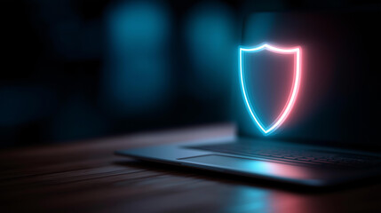 Digital security data protection concept defocused glowing shield, faceless neon document, laptop visualization detail, blurred protection background, security concept, digital int