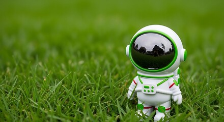 A charming astronaut figurine stands amidst lush green grass, its white suit and reflective helmet capturing the wonder of space exploration in a whimsical outdoor setting