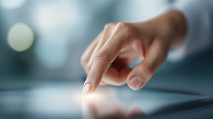 Interactive digital document exploration defocused touch screen, faceless technology engagement, content visualization detail, blurred navigation background, seamless concept, digi