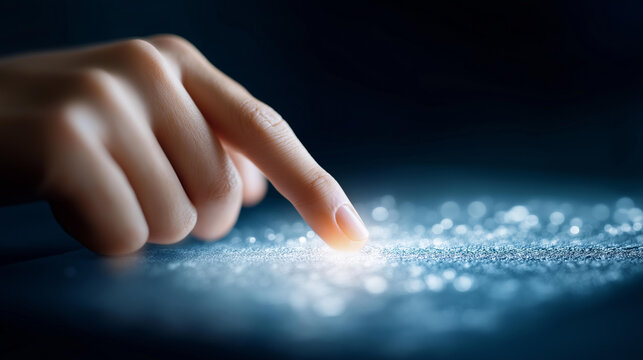 Hand pressing virtual screen AI defocused document search, faceless technology activation, artificial intelligence visualization, blurred smart background, data concept, analysis i