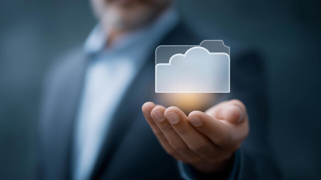 AI futuristic holographic interface file defocused manager folder, faceless digital storage, document visualization detail, blurred cloud background, database concept, paperless in