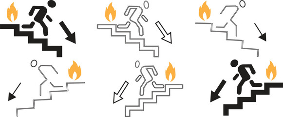 Emergency fire exit icon set with person running downstairs, evacuation signs in solid and outline vector styles for safety and warning design
