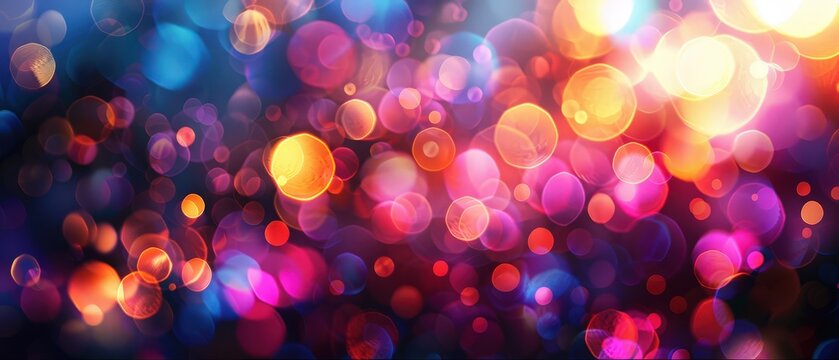 Vivid abstract backdrop featuring multicolored glowing bokeh lights in shades of pink, orange, purple, and blue, perfect for festive designs.