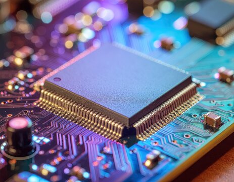 Close-up of a Central Processing Unit on a Circuit Board illuminated by colorful lights in a dark setting