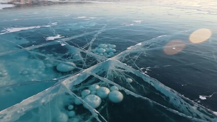 Frozen Lake Baikal with Methane Bubbles and Cracks in Ice in Russia with Natural Light and Snowy Shoreline on Horizon on Winter Day - Powered by Adobe