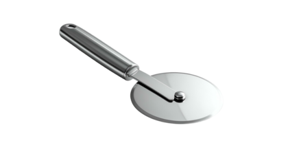 Gleaming silver pizza cutter with ergonomic handle on black