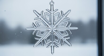 Hanging snowflake ornament against a blurred winter background close up view