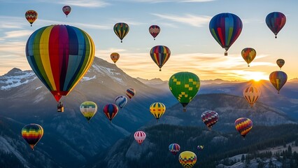 Spectacular hot air balloon festival at sunrise over mountain landscape.