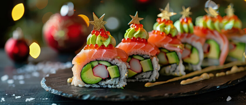Elegant sushi rolls garnished with roe and herbs, served on a dark plate with Christmas lights and pine decor in background. - Powered by Adobe