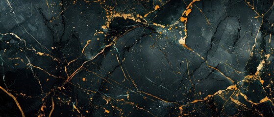 Luxurious black marble texture with striking golden and white veins, perfect for elegant backgrounds, architecture, or high-end design projects.