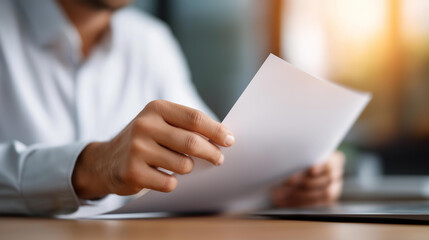 Hand of businessman reviewing document at defocused office desk, faceless legal expert, professional visualization detail, blurred computer background, lawyer working concept, fina