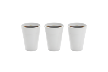 Three plastic cups filled with coffee, sitting alone on a white background.