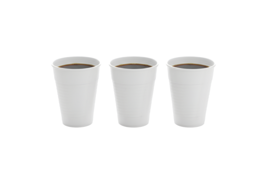 Three plastic cups filled with coffee, sitting alone on a white background.