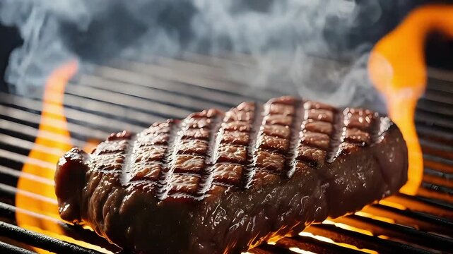 Close up of a steak cooking on a grill with smoke and flames rising, creating a tasty barbecue scene