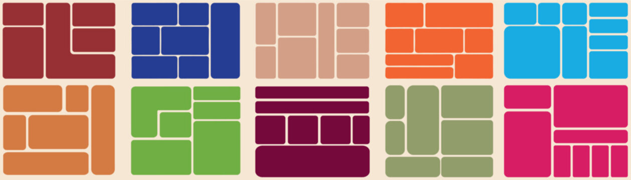 Bento style layout grid templates. bento box photo frame collage layout. Light mood board mockup horizontal banner. Colorful trendy geometric brick layout collection. Pictures collages with trendy Y2