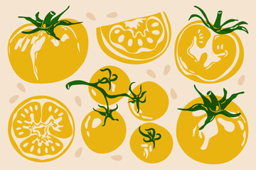 Yellow tomato set. Whole and sliced tomatoes, abstract fresh vegetables, food with green leaves and spots risograph effect, organic vegetarian products. Vector collection