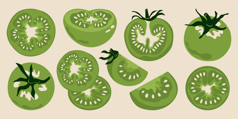 Green tomato set. Ripe tomatoes whole and sliced sections with seeds, cartoon fresh farm garden vegetables, organic vegetarian food product. Vector isolated collection